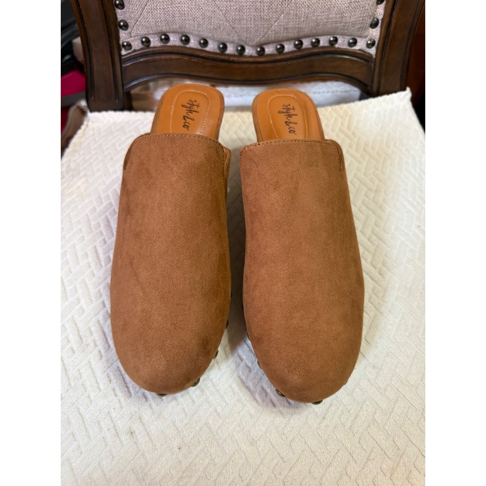 Style & Co Tan Faux Suede Studded Clog Mules Wood Block Heel Womens 11M